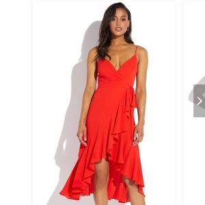 Red ruffled wrap dress